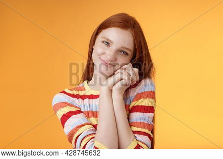 Sweet Silly Tender Redhead Young Girl Leaning Palms Touched Smiling Receive Charming Lovely Gift Sta