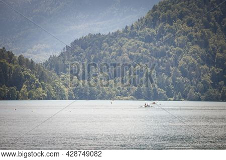 Bled, Slovenia - June 12, 2021: Rowers, On Coxless Pairs, Rowing Boat, Training For Rowing For An Av