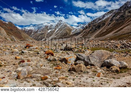 Stone boulders in Lahaul Valley in indian Himalayas. Himachal Pradesh, India India