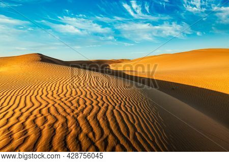 Sam Sand dunes of Thar Desert under beautiful sky. Rajasthan, India