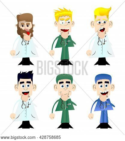 Funny Cartoon Doctor Thinking. Vector Illustration. Uncertain Health Care Worker.
