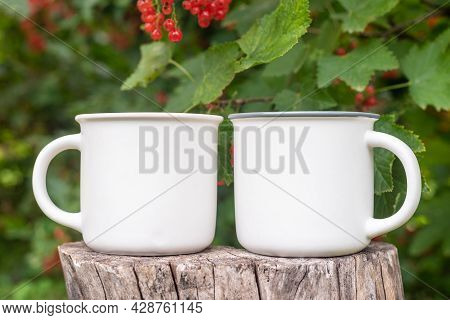 Two Mugs Mockup With Bokeh Green Nature. Farmhouse Rustic Style. White Coffee Cup Mock Up. Blank Mug