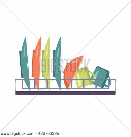 Dish Dryer With Plates, Bowl And Mug. Kitchen Utensils, Items For Cooking And Eating