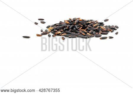 Small Heap Of Black Glutinous Rice On White Background, Macro Pile Of Black Glutinous Rice With Low