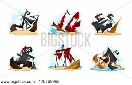 Wreckage Of Pirate Ship Or Vessel With Ripped Black And Red Sail Vector Set