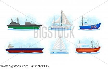 Water Transport With Reefer Ship And Sail Boat Vector Set