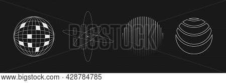 Set Of Retrofuturistic Circle Shapes. Retrofuturistic Planet, Atom, Striped Circle In Cyberpunk 80s 