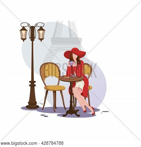 Beautiful Brunette Girl In A Street Cafe In Paris, Drinking Coffee And Eating A Croissant. Street Li