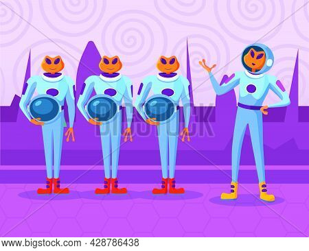Cartoon Aliens Characters Standing And Listening To Order Of Chief. Orange Newcomers In Spacesuits D