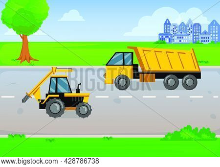 Cartoon Yellow Truck And Tractor On Road In Summer. Vehicles Going In Opposite Directions, City And 