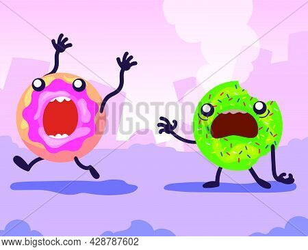 Colorful Glazed Doughnuts Running Away In Panic. Cartoon Vector Illustration. Afraid And Bitten Donu