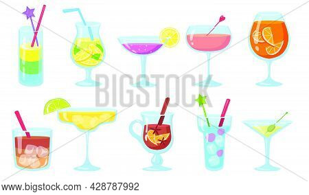 Creative Popular Alcohol Cocktails Flat Pictures Set. Cartoon Gin, Martini, Gluehwein, Juice, Pina C