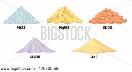 Different Building Materials Vector Illustrations Set. Piles Of Construction Materials, Rocks, Plank