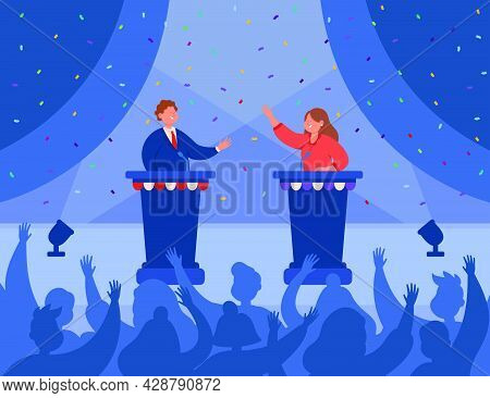 Happy Male And Female Politicians Greeting Each Other On Stage. Speakers Standing At Rostrum, Having