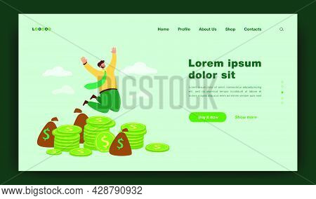 Happy Millionaire Jumping Near Pile Of Coins Flat Vector Illustration. Cartoon Businessman Or Banker