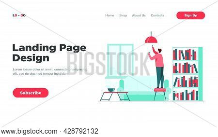 Man Inserting Light Bulbs Into Chandelier. Repair, Lighting. Flat Vector Illustration. Housekeeping 