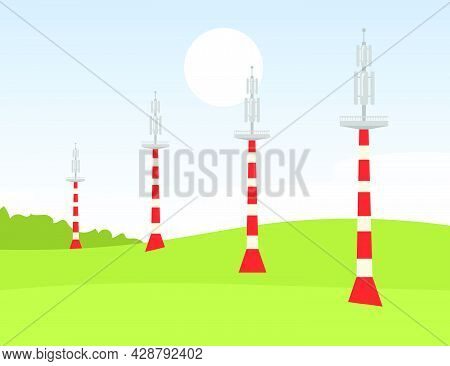 Metal Signal Transmission Towers In Field. S Un, Wi-fi, Network Flat Vector Illustration. Communicat