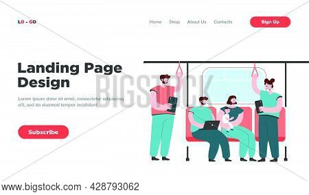 People Inside Subway Or Underground Train Flat Vector Illustration. Cartoon Passengers Using Metro O