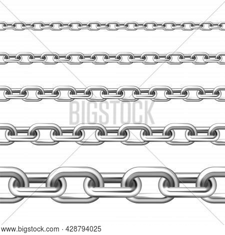 Realistic Seamless Metal Chain With Silver Links Isolated On White Background. Vector Illustration.