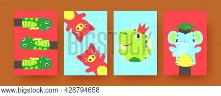 Set Of Contemporary Art Posters With Funny Hand Sock Toys. Vector Illustration. .colorful Hand Sock 