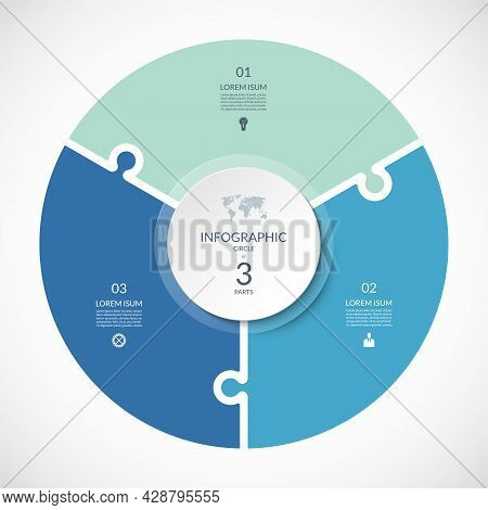 Vector Infographic Puzzle Circular Template. Cycle Diagram With 3 Parts, Options. Can Be Used For Ch