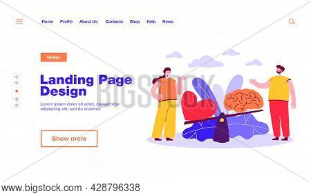 Two People Comparing Logic And Love With Seesaw Isolated Flat Vector Illustration. Cartoon Creative 