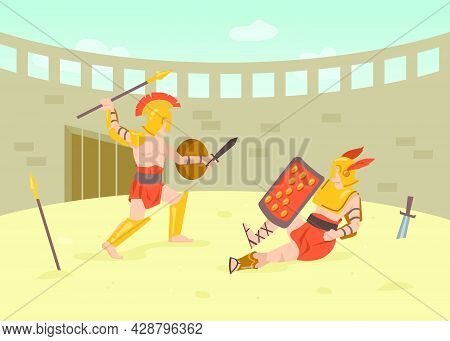 Two Roman Armored Warriors Fighting With Swords On Arena. Cartoon Vector Illustration. Gladiator Fig