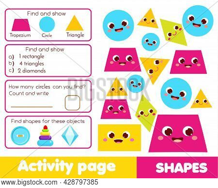 Geometric Shapes Activity Page For Kids. Educational Children Game List For Learning Forms