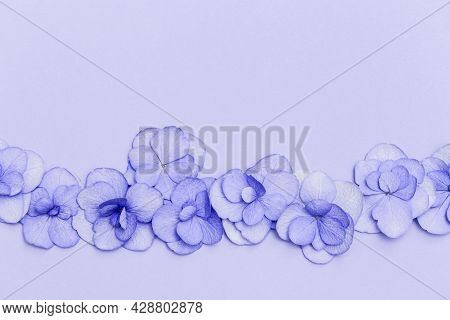 Floral Arrangement With Small Puple Hydrangea Flowers, Natural Floral Flat Lay In Summer Seasonal St