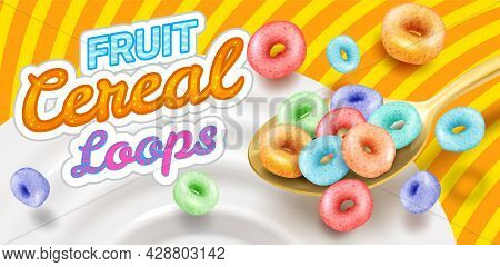 Fast Breakfast - Round Colored Cereals Flakes Falling Into Milk From Spoon, Product Packaging Mockup