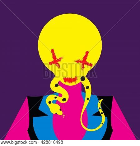 Illustration Of An Yellow Alien With A Snake Around Its Neck, Isolated On A Mauve Background