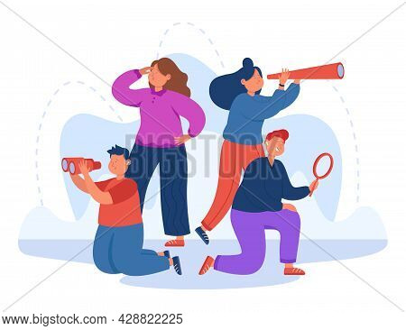 Team Of Business Staff Searching For New Ideas Or People. Characters With Magnifier And Spyglass Loo