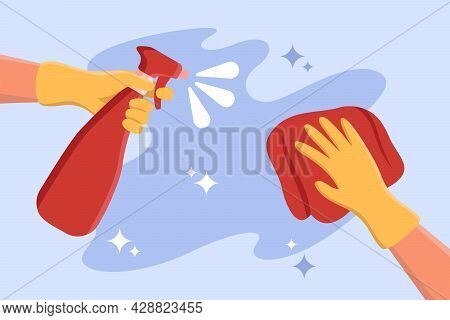 Hands In Rubber Gloves Cleaning Surface With Spray And Rag. Person Doing Domestic Work Flat Vector I
