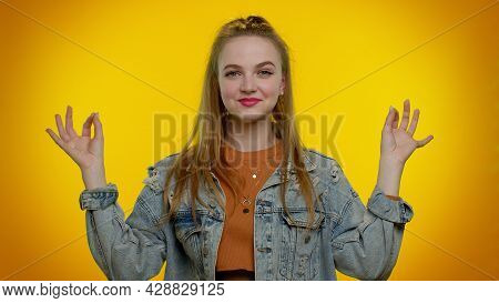 Keep Calm Down, Relax, Inner Balance. Pretty Stylish Teen Girl Breathes Deeply With Mudra Gesture, E