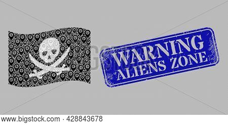 Mosaic Navigation Waving Pirate Flag Constructed With Location Elements, With Rubber Blue Rectangula