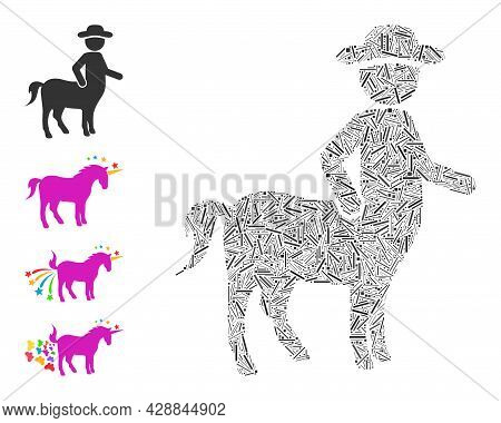 Hatch Mosaic Centaur Icon Constructed From Thin Items In Variable Sizes And Color Hues. Irregular Ha