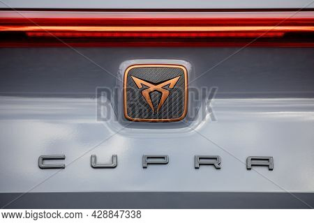 Prague, Czech Republic - March 16, 2021: Logo Of Cupra Vehicle In Prague, Czech Republic, March 16, 