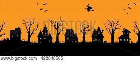 Halloween Houses. Spooky Village. Seamless Border. Black Silhouettes Of Houses And Trees On An Orang