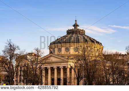 Detail View Over The Romanian Athenaeum Or Ateneul Roman, In The Center Of Bucharest Capital Of Roma