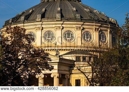 Detail View Over The Romanian Athenaeum Or Ateneul Roman, In The Center Of Bucharest Capital Of Roma