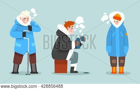 Man In Warm Winter Clothing Ice Fishing Drilling Hole In Frozen River Or Lake And Drinking Hot Tea V
