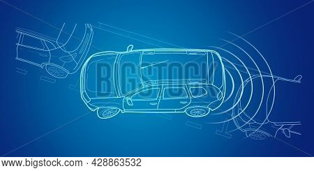 Parking Car With Parktronic Vector Line Illustration.