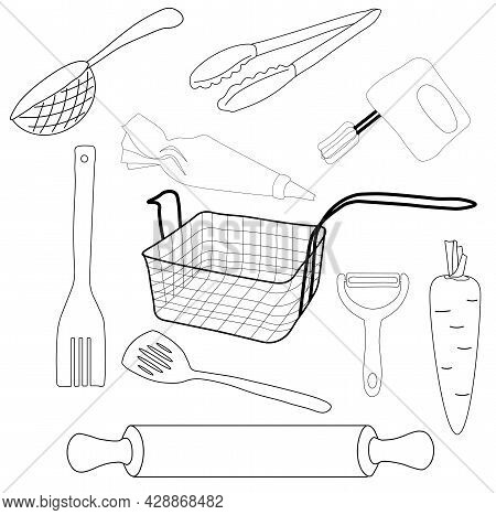 Kitchen Utensils Vector Stock Illustration. A Set In The Doodle Style. Deep Fryer, Vegetable Cutter,