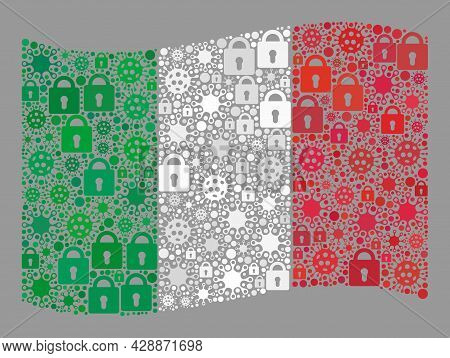 Mosaic Coronavirus Lockdown Waving Italy Flag Designed Of Locks And Virulent Icons. Vector Collage W