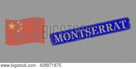 Dotted Halftone Waving China Flag Icon, And Montserrat Rubber Rectangle Stamp. Vector Halftone Patte