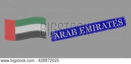 Pixelated Halftone Waving United Arab Emirates Flag Icon, And Arab Emirates Dirty Rectangle Seal Pri
