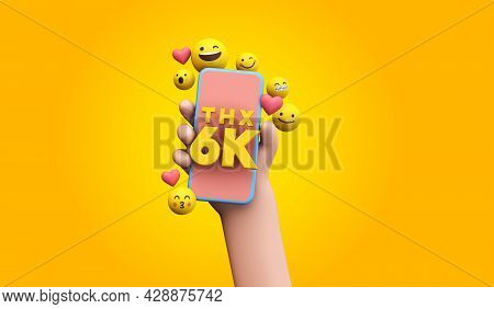 Thanks 6k Social Media Supporters. Cartoon Hand And Smartphone. 3d Render.