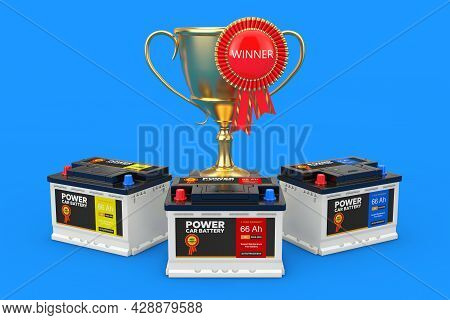 Rechargeable Car Battery 12v Accumulators With Abstract Labels, Golden Award Trophy With Red Award R
