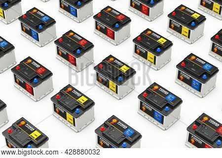 Rows Of Rechargeable Car Battery 12v Accumulators With Abstract Label On A White Background. 3d Rend