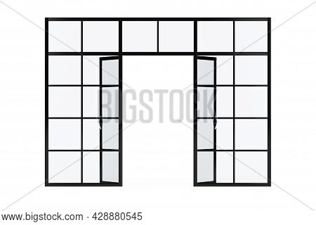 Glass Wall , Glass Room Divider With Doors On A White Background. 3d Rendering